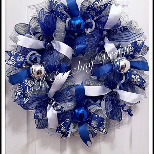 Christmas Blue Silver and White Deco Mesh Wreath/blue and - Etsy