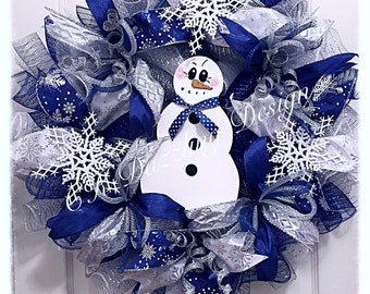 Snowman Snowflake Deco Mesh Wreath/Blue Snowman wreath/snowflake wreath/Christmas snowflake wreath/Christmas snowman wreath