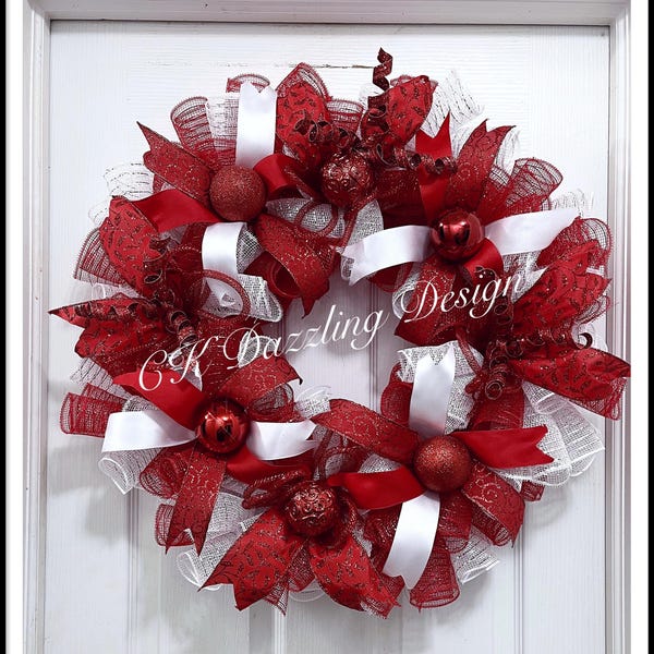 Christmas Red and White Deco Mesh Wreath/Christmas Wreath/Red and White Christmas Wreath