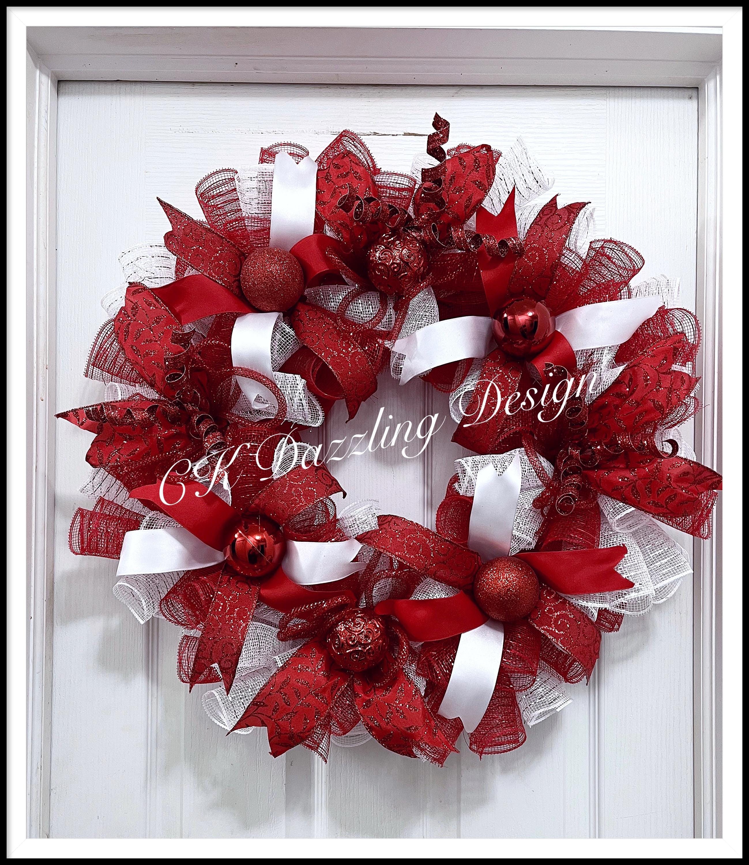 Corona navideña de malla decorativa roja y blanca/Corona navideña/Corona  navideña roja y blanca, image size:2598x3000