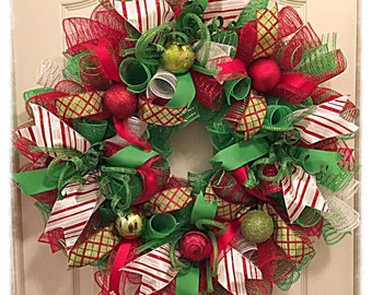 Red, White and Lime Deco Mesh Wreath/Christmas Wreath/Lime, White and Red Wreath/Holiday Lime and Red Wreath