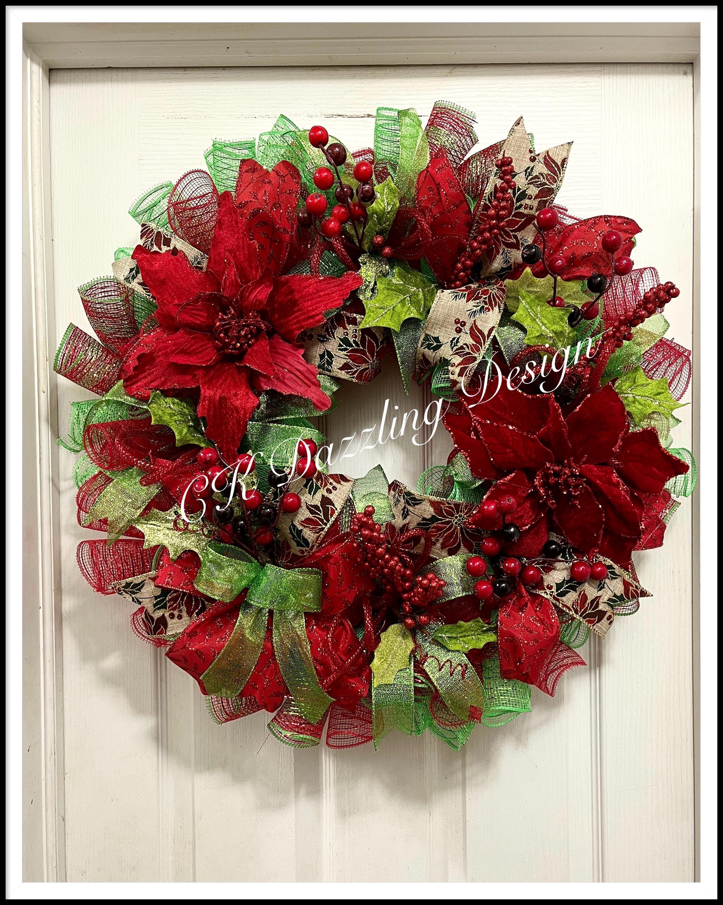 Elegante corona navideña de malla decorativa con flores de Pascua/Corona  navideña/Corona de flores de Pascua/Corona de flores de Pascua roja y lima  - Etsy México, image size:2397x3000