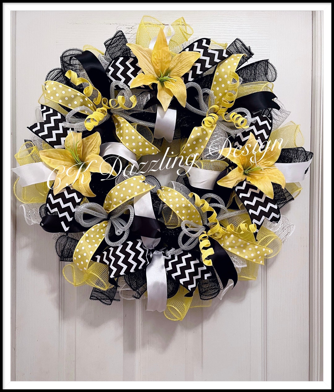 Yellow Lily and Black Deco Mesh Wreath/lily Wreath/mothers Day Wreath ...