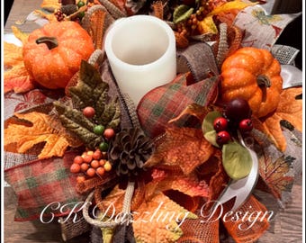 15” Fall pumpkin Deco mesh candle arrangement(candle not included) fall arrangement/pumpkin candle arrangement