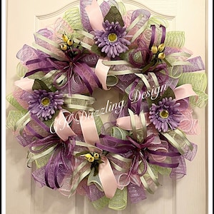 Purple Daisy Deco Mesh Wreath/Spring Wreath/Purple, Lime and Pink Spring Wreath
