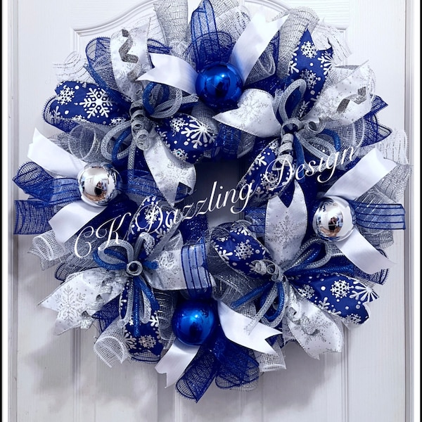 Christmas Blue, Silver and White Deco Mesh Wreath/Blue and Silver Deco Mesh Wreath/Christmas Wreath/Blue and Silver Christmas Wreath