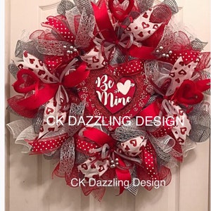 BE MINE Valentine Red and White Heart Deco Mesh Wreath/Red and White Wreath/Valentine Wreath