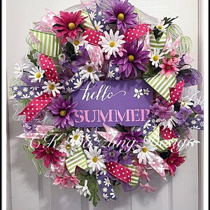 Hello Summer Daisy deco mesh wreath/Spring summer daisy wreath/Daisy wreath/lavender and pink wreath
