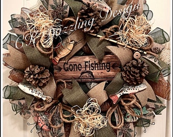 Gone Fishing Wreath: Burlap Deco Mesh, Cabin Decor