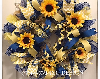 Sunflower Blue, Burlap and Yellow Deco Mesh Wreath/Sunflower Wreath/Burlap Sunflower Wreath/SpringWreath/Summer Wreath/Fall Wreath
