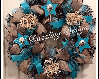 Southwestern Turquoise Burlap Star Deco Mesh Wreath/Cowboy Cowgirl Wreath/Burlap Wreath/Turquoise Wreath