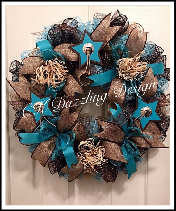 Turquoise Star Burlap Wreath: Southwestern Cowboy Decor (25 inches)