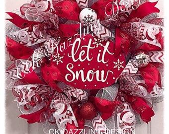 Let it snow deco mesh wreath/Christmas wreath/snowman wreath/holiday wreath/Red Christmas wreath