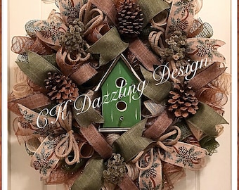 Woodsy Birdhouse Deco Mesh Wreath/Birdhouse Wreath/Cabin Wreath/Outdoor Wreath/Woodsy Wreath