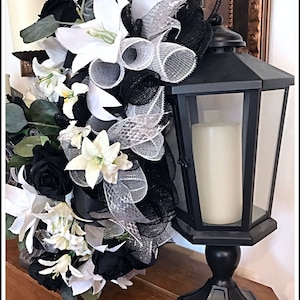 15” White, Silver and Black Rose deco mesh lantern arrangement/lantern not included/Black and white floral arrangement