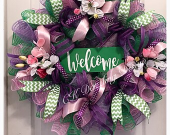 Welcome Spring Deco Mesh Wreath/ Welcome Wreath/Welcome Spring Wreath/Purple and Pink Spring Deco Mesh Wreath