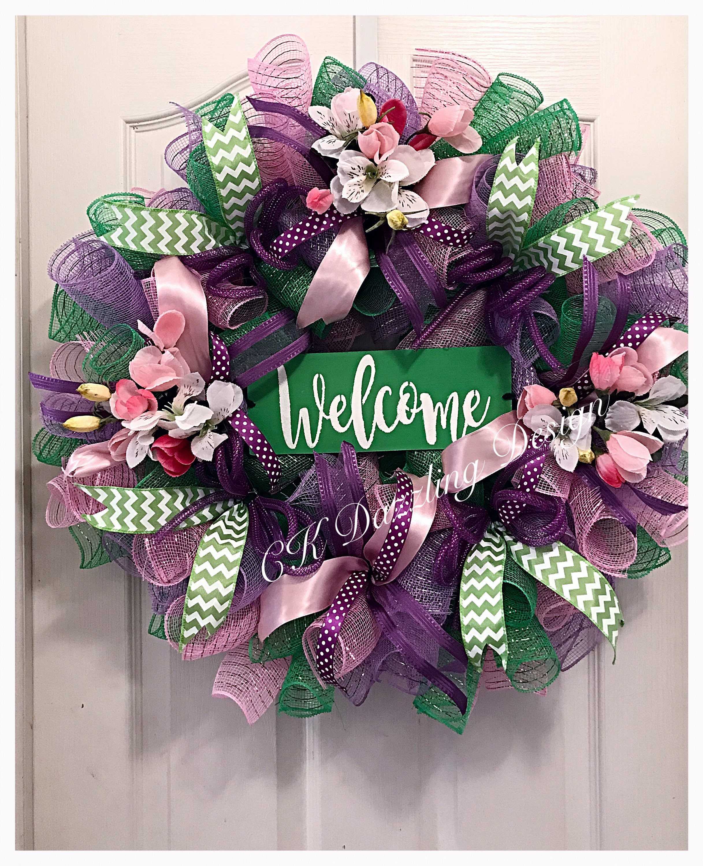 Welcome Spring Deco Mesh Wreath/ Welcome Wreath/welcome Spring  Wreath/purple and Pink Spring Deco Mesh Wreath 