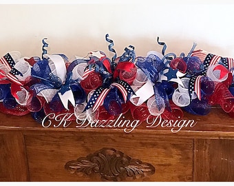 36" Patriotic Red, White and Blue Deco Mesh Arrangement/Red, White and Blue 4th of July Arrangement/Red white and blue swag