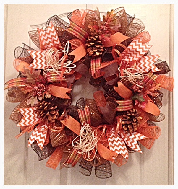 Fall Deco Mesh Wreath w/Glittered Pine Cones/Thanksgiving Harvest Deco Mesh  Wreath/Brown and Orange Thanksgiving Deco Mesh Wreath