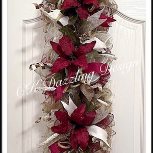 28" Burgundy Lily Deco Mesh Swag/Burgundy Swag/Lily Swag/Burgundy, Cream, Burlap and Moss Lily Swag/