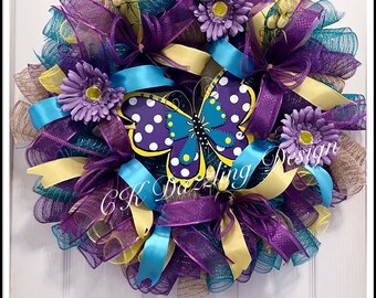 Butterfly Teal, Purple and Yellow Deco Mesh Wreath/Mothers Day Butterfly Wreath/Spring Wreath/Teal, Purple and Yellow Wreath/Summer Wreath