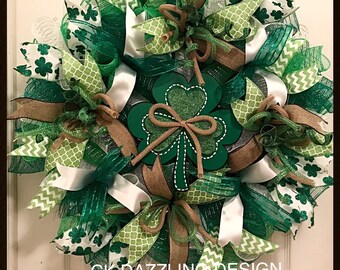 St Patrick's Day Mesh Wreath, Shamrock, Green Ribbon Spring Wreath