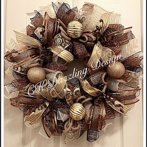 Christmas Chocolate, Gold and Brown Deco Mesh Wreath/Christmas Wreath/Gold and Brown Wreath/Chocolate, Cream, Gold and Brown Wreath