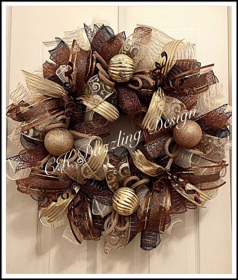 Christmas Chocolate, Gold and Brown Deco Mesh Wreath/Christmas Wreath/Gold and Brown Wreath/Chocolate, Cream, Gold and Brown Wreath image 1