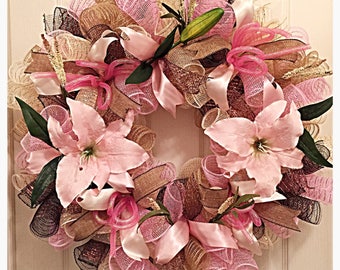 Extra Large Elegant Pink Wreath Pink Peony Wreath Pink Lily Wreath Spring Wreath Wedding Wreath Lush Full Wreath