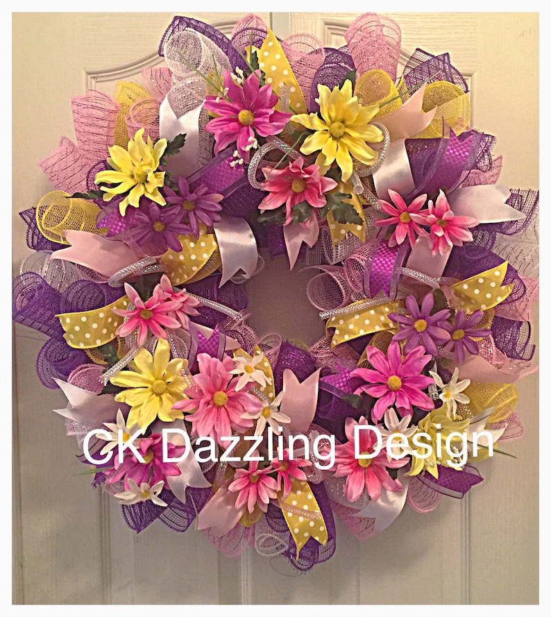 Daisy Pastel Deco Mesh WreathMothers Day Pastel Spring WreathDaisy WreathSpring WreathPink Yellow and Purple Daisy Wreath