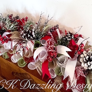 36” Elegant Christmas Pinecone Mantel Centerpiece/Christmas Arrangement/Christmas Deco Mesh Arrangement/Red and White Pinecone Arra