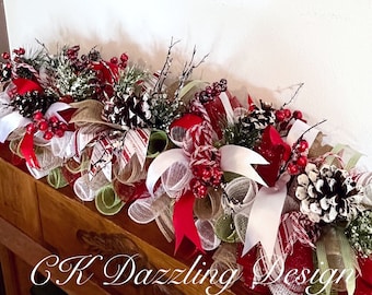 36” Elegant Christmas Pinecone Mantel Centerpiece/Christmas Arrangement/Christmas Deco Mesh Arrangement/Red and White Pinecone Arra