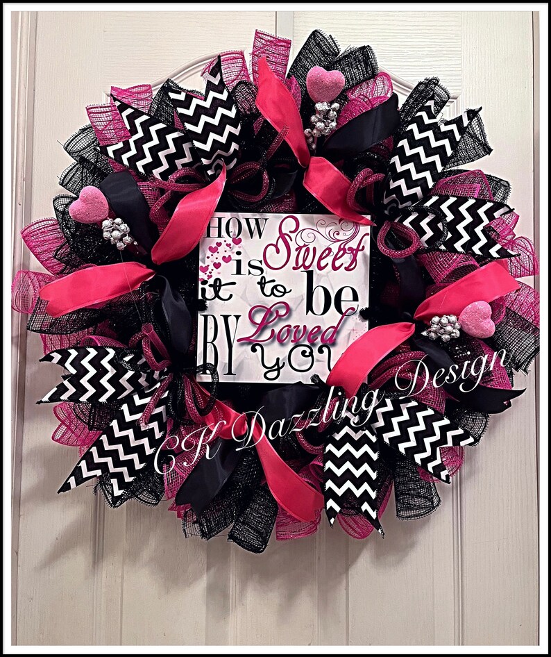 Valentine Hot Pink and Black Love By You Deco Mesh Wreath/Hot Pink and Black Valentine Wreath/Valentine Wreath image 1