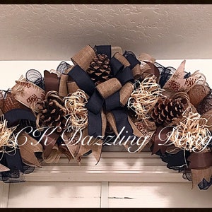 36” Burlap navy and brown deco mesh swag/Navy swag arrangement/Navy pinecone swag/Brown pinecone swag