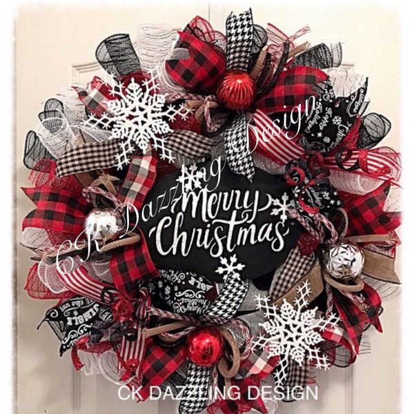 Merry Christmas Buffalo plaid deco mesh wreath/Buffalo plaid wreath/Christmas wreath/Black and red Christmas wreath