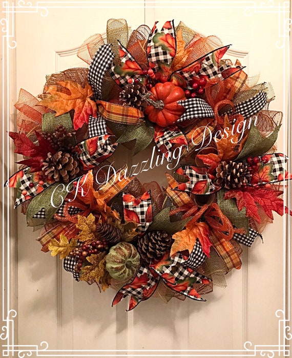 Fall Pumpkin Wreath: Buffalo Plaid Deco Mesh, Pinecones Berries