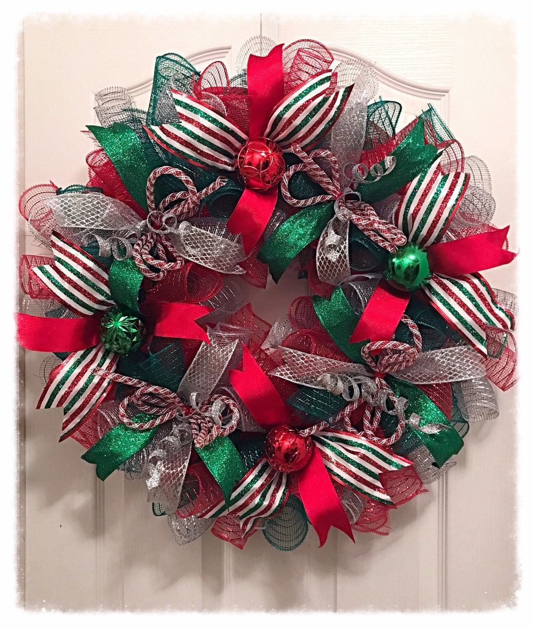 Candy Striped Merry Christmas Deco Mesh Wreath/red, Silver and Green ...
