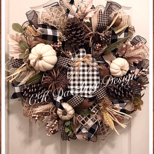 Fall black and white buffalo plaid pumpkin deco mesh wreath/fall wreath/White pumpkin fall wreath /Black buffalo pumpkin wreat