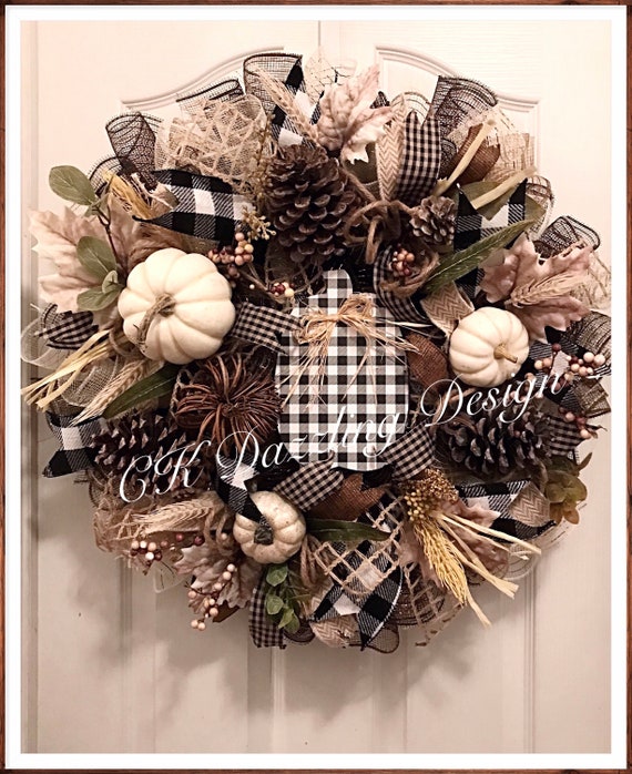 Fall Black and White Buffalo Plaid Pumpkin Deco Mesh Wreath/fall