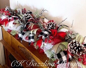 Buffalo plaid, frosty Christmas pinecone, deco, mesh arrangement/buffalo plaid arrangement