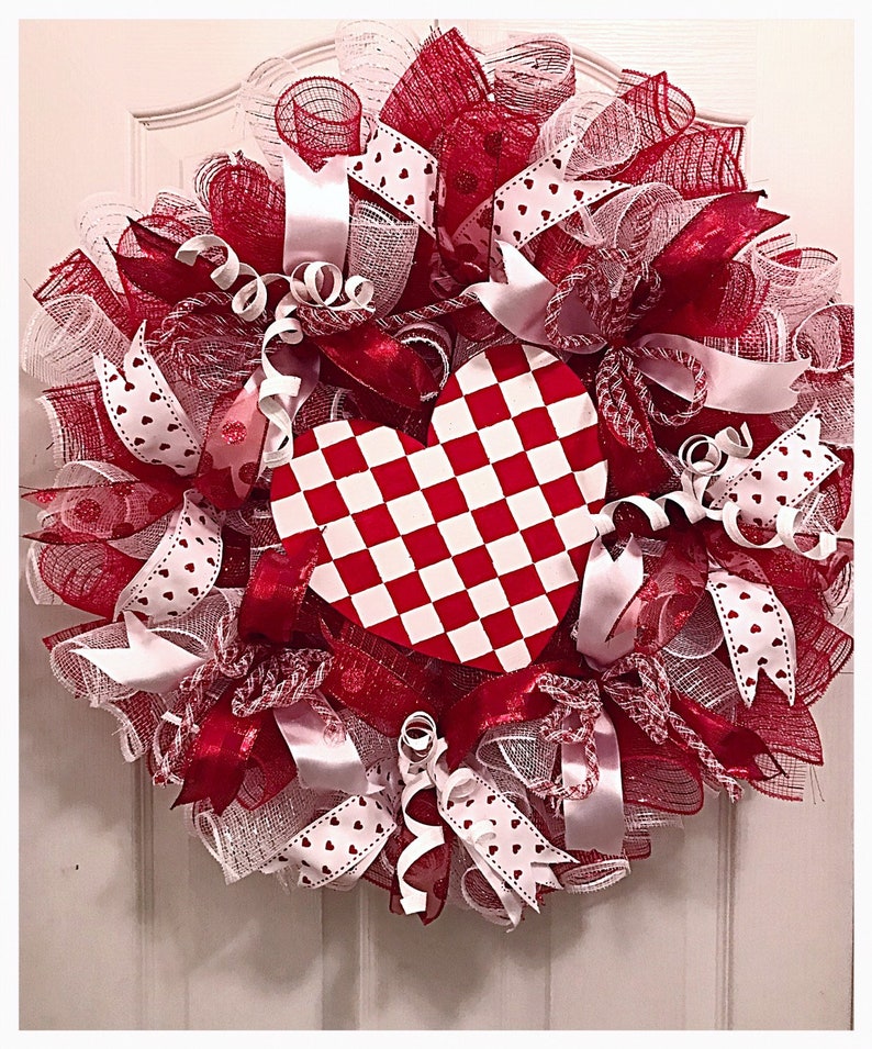 Valentine's Day Heart Deco Mesh Wreath/Red and White Checkered Heart Valentine Wreath/Valentine's Heart Wreath/Valentine's Day Wreath image 1