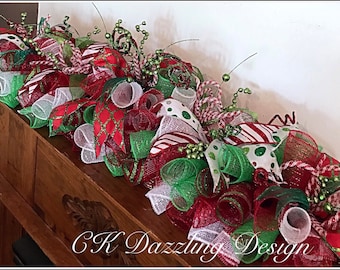 36" Whimsical Christmas Mantel Arrangement/Christmas arrangement/Christmas red, lime and white centerpiece/Christmas swag