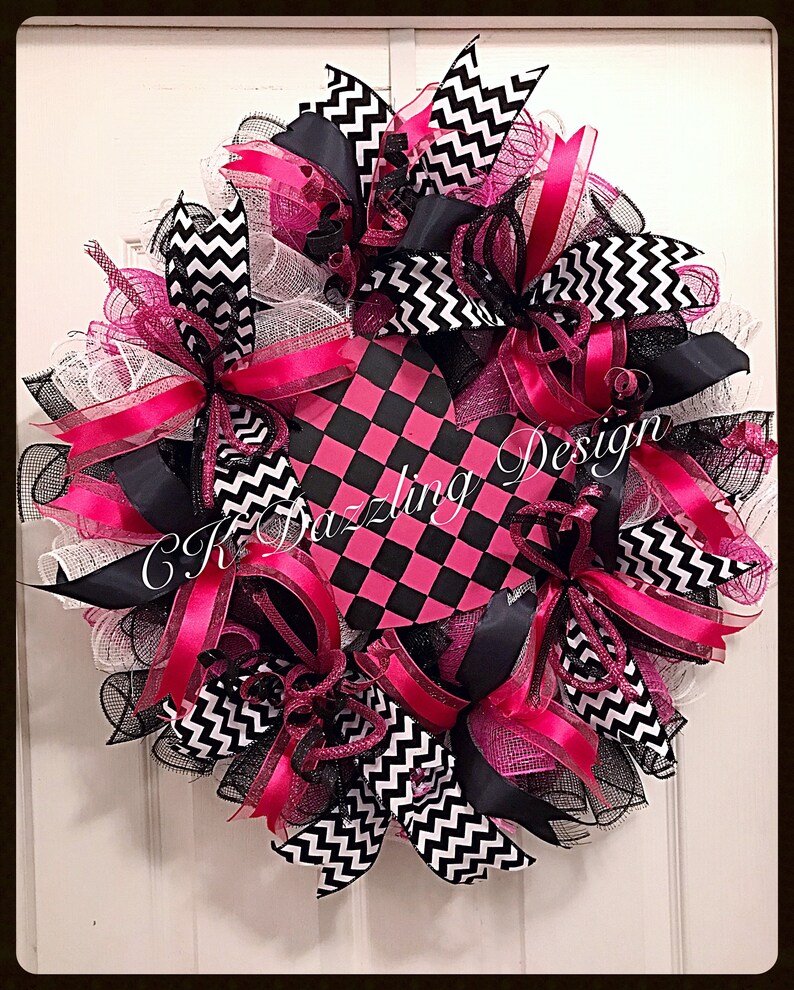 Valentine Hot Pink and Black Checkered Heart Deco Mesh Wreath/Valentine Wreath/Hot Pink and Black Valentine Wreath/Valentine Heart Wreath image 1