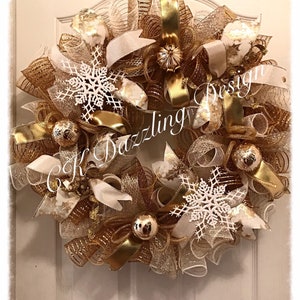 Christmas Gold and Ivory snowflake deco Mesh Wreath/Christmas Wreath/Gold and Ivory Christmas Wreath/Gold snowflake Wreath