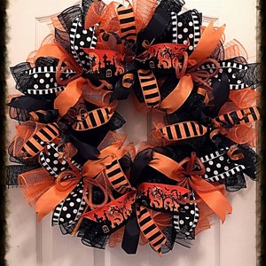 Halloween Orange and Black Deco Mesh Wreath/Halloween Wreath/Orange and Black Wreath/Fall Wreath/Autumn Wreath