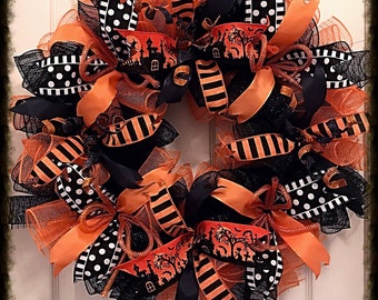 Halloween Orange and Black Deco Mesh Wreath/Halloween Wreath/Orange and Black Wreath/Fall Wreath/Autumn Wreath