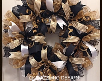 Elegant Black, Gold and White Deco Mesh Wreath/Black, Gold and White Wreath/Black and Gold Wreath