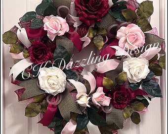 Elegant Rose Deco Mesh Wreath/Mothers Day Burgundy, Pink and Cream Rose Wreath/Rose Wreath/Floral Wreath