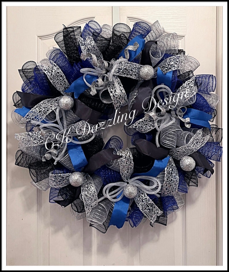 Everyday Blue Silver and Black Deco Mesh Wreath/blue Black Etsy