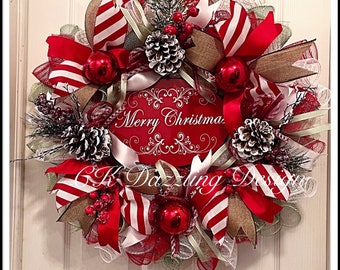 Merry Christmas Deco Mesh Wreath/Christmas Wreath/Holiday Wreath/Merry Christmas Wreath/Winter Wreath/Pinecone Wreath